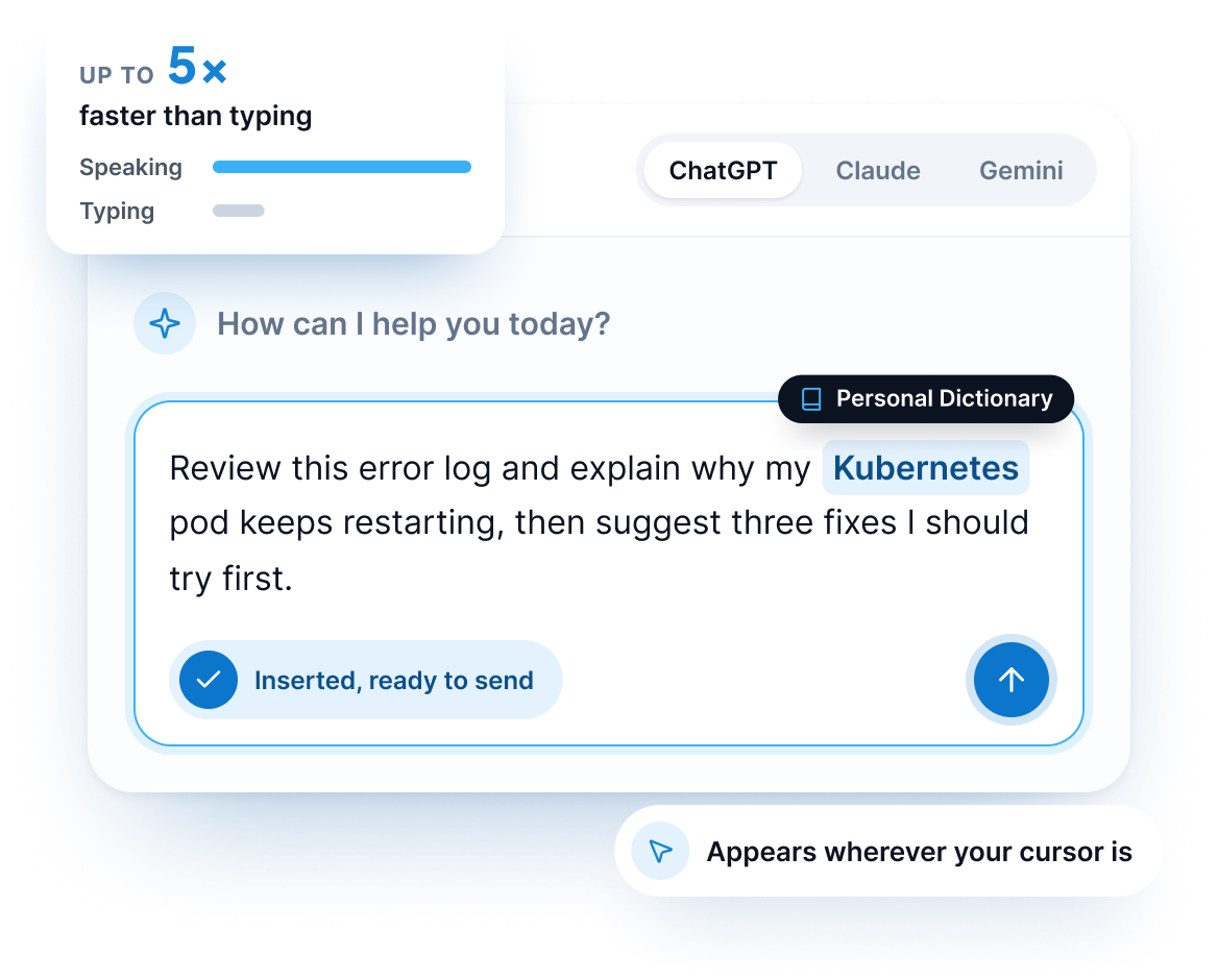 Prompt dictated into ChatGPT with Zero Typing AI, with a Personal Dictionary term recognised and the text inserted ready to send