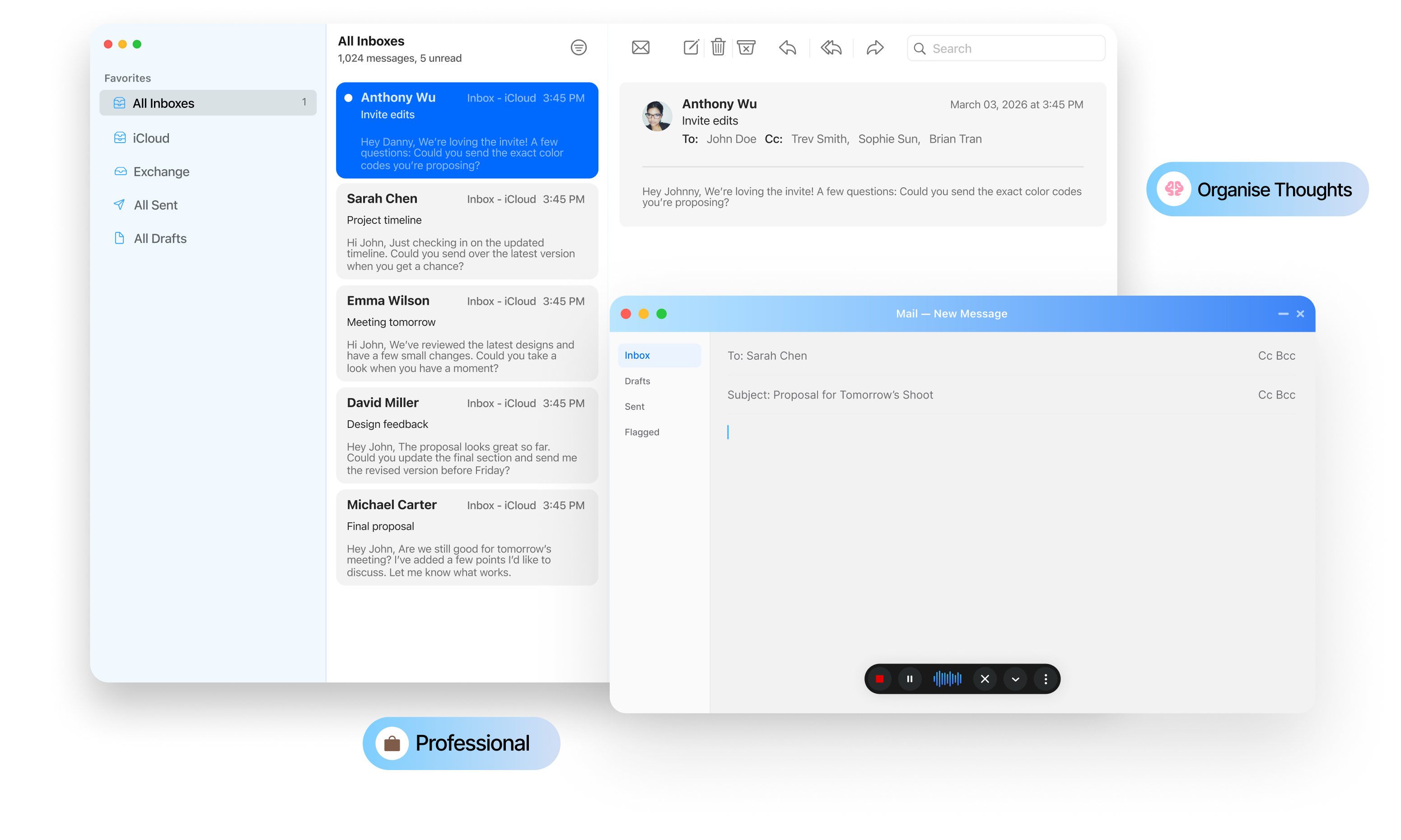 Zero Typing AI dictating a reply inside a desktop mail app, with Organise Thoughts and Professional writing styles applied