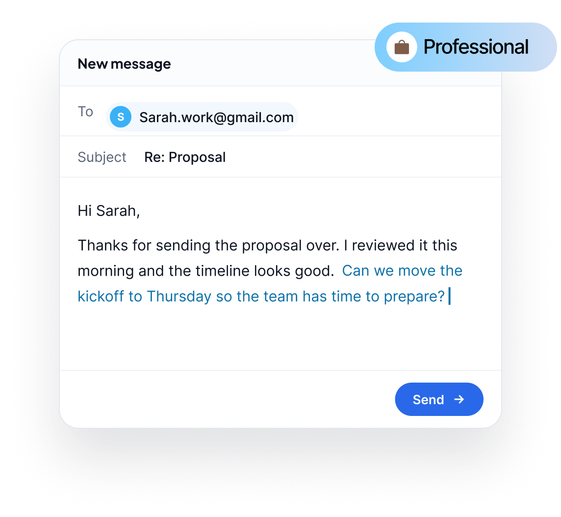 A new email reply to Sarah being written by voice, with Zero Typing's Professional tone applied