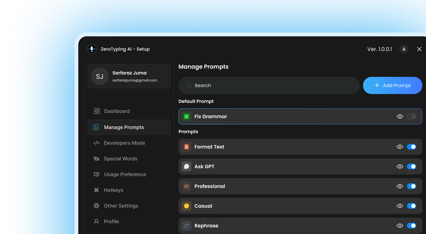 Zero Typing AI desktop app showing the Manage Prompts screen